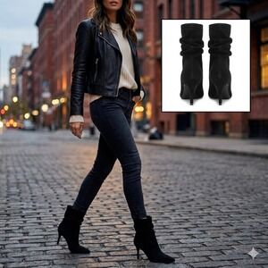 Brian Atwood x Express Black Suede Slouchy Pointed Toe Stiletto Booties Sz 8 NWT